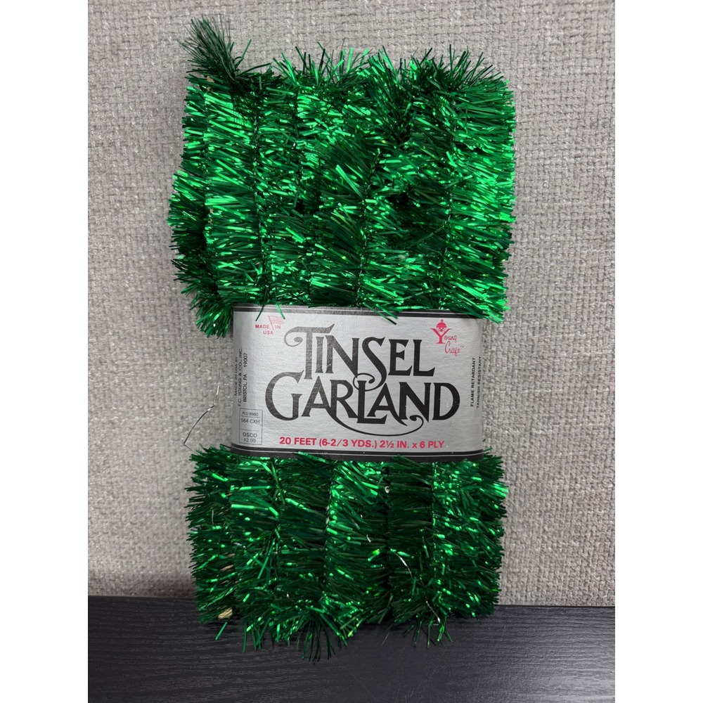 Young Craft Tinsel Garland Unisex 20ft Green New Vintage 1987 Made in USA 6-Ply